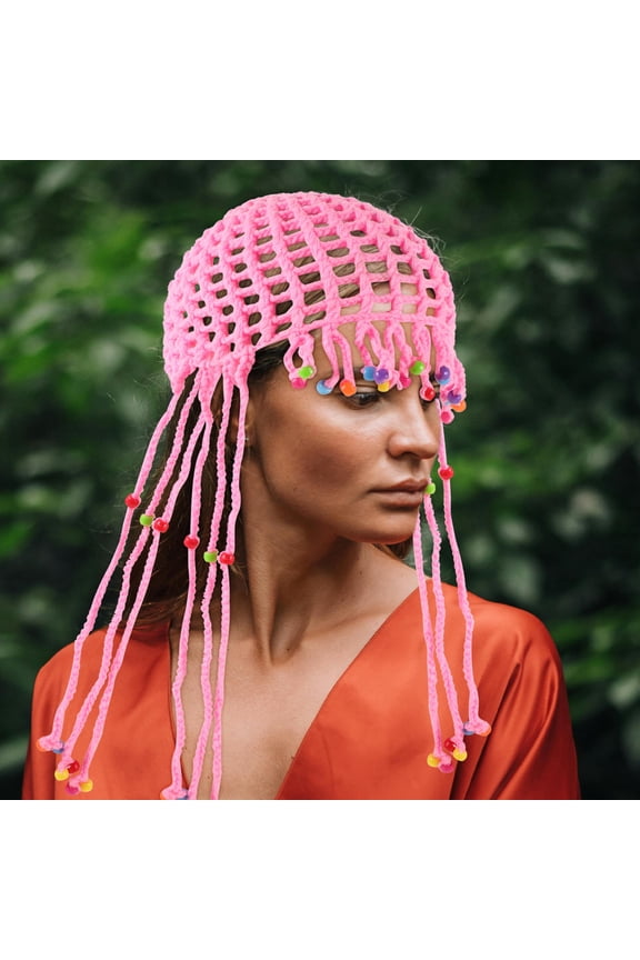 Boho Pink Crochet Beanie Hat Featuring Tassels and Intricate Breathable Knit Patterns