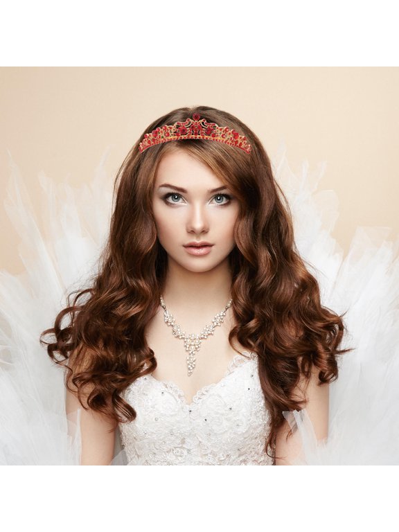 Bridal Wedding Headband Red Rhinestone Crown Style Alloy Adjustable Headpiece