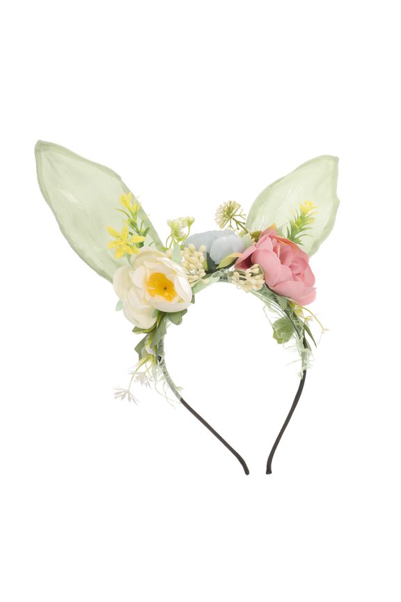Bunny Ears Headband with Realistic Flowers Floral Rabbit Ear Headpiece for Party and Outdoor Decoration