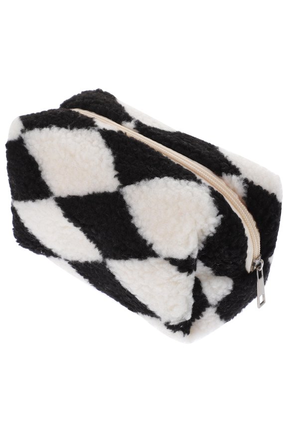 Checkered Black Makeup Bag Plush Cosmetic Pouch Travel Storage Organizer