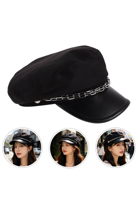 Classic Black Peaked Beret Cap with Chain Accent Vintage British Style for Home Use