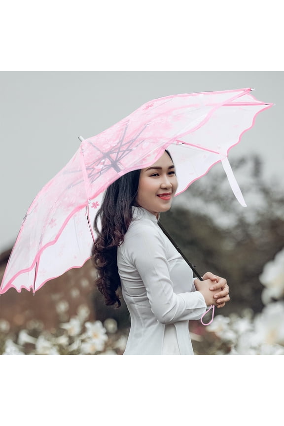 Clear Pink Folding Umbrella with Floral Pattern Ideal for Rain Protection and Sun Shade