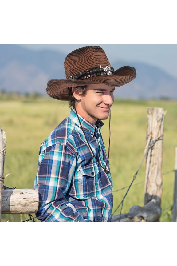 Coffee Retro Cowboy Hat with Tapered Front and Elastic String Made from Premium