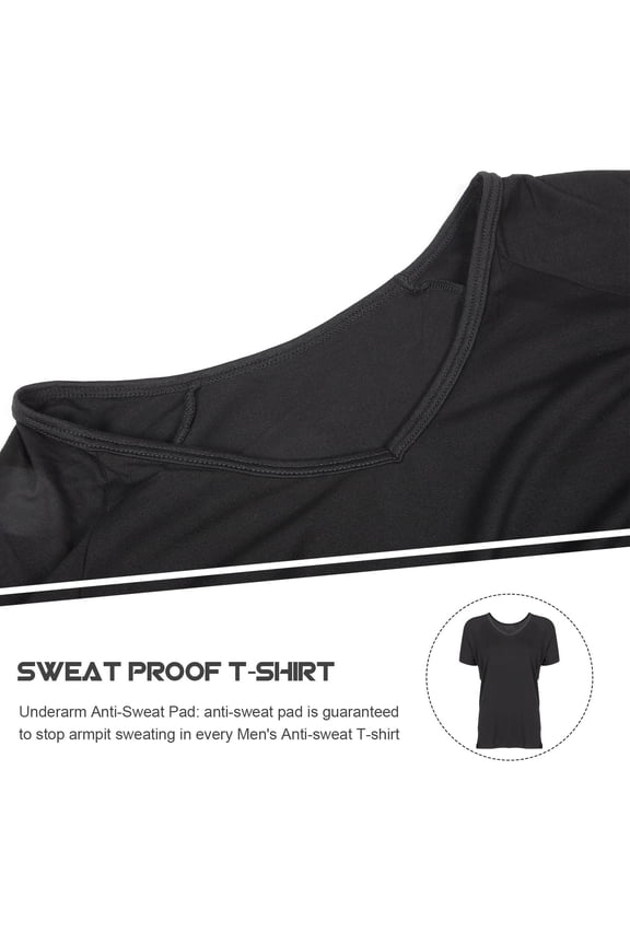 Mens Black Undershirt with Sweat-Absorbing Underarm Pads, Short Sleeve Breathable Cotton