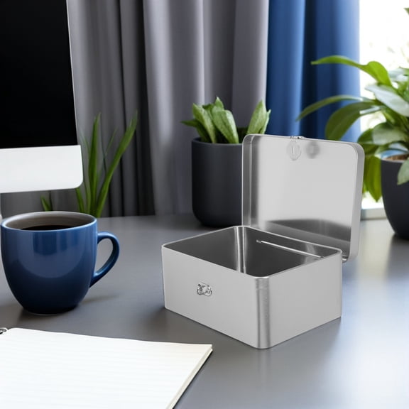 LOLIPPYY Compact Silver Metal Storage Box with Hinged Lid Tinplate Container