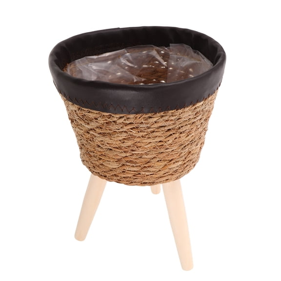 LOLIPPYY Wooden Corner Plant Stand with Woven Rattan Basket and Plastic Liner for Stylish Home Decor