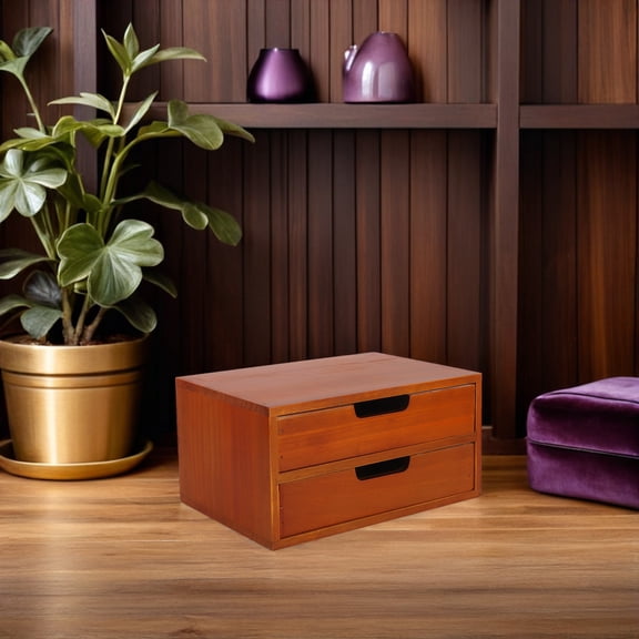 LOLIPPYY Countertop Wood Drawer Storage Cabinet Brown with Two Drawers for Efficient Desk Organization