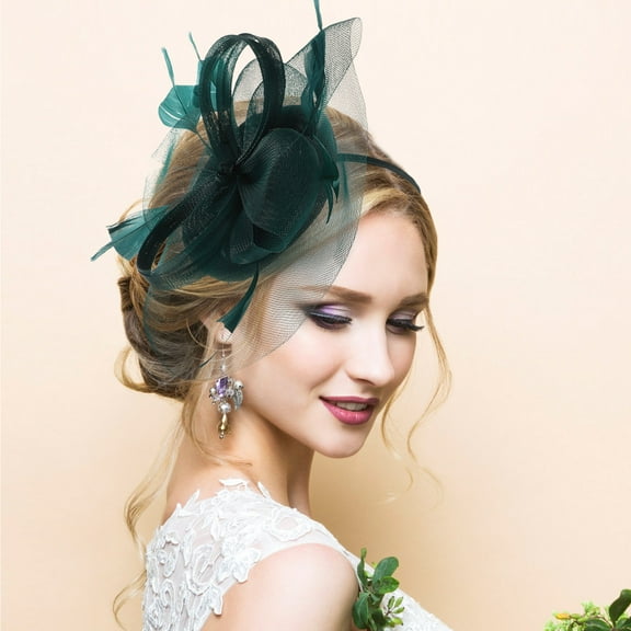 LOLIPPYY Dark Green Mesh Fascinator Headwear with Plume Lightweight Headband for Party and Wedding
