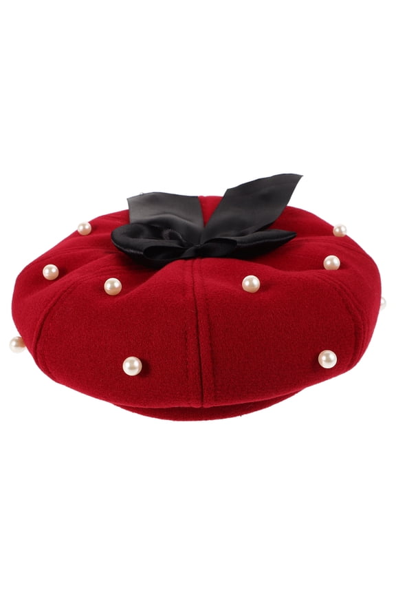 Dark Red Womens Beret Hat Octagonal Shape Soft Artificial Wool Fashionable Bowknot Accessory
