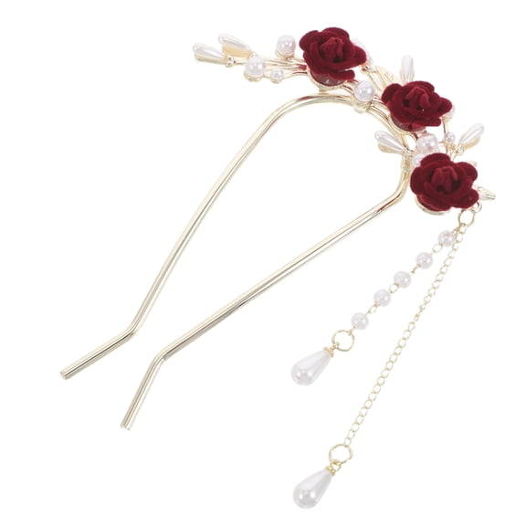 LOLIPPYY Decorative Chinese Hair Stick With Red Rose For Women Vintage Hair Updo 1Pack