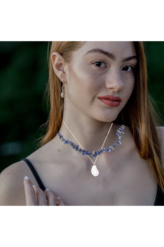 Double Layer Pendant Necklace 1Pack Blue Irregular Stone for Women Graduation