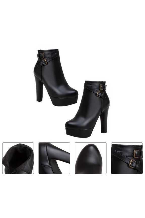 Durable Black PU and Rubber Woman's High Heel Thick Heel Ankle Boots for Autumn and Winter Wear
