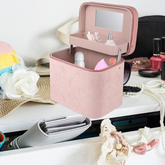 LOLIPPYY Durable Portable Pink Makeup Storage Bag with Mirror Hanging Cosmetic Organizer