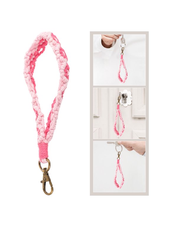 Cotton and Metal Pink Macrame Wristlet, Bohemian Style, Perfect for Keys