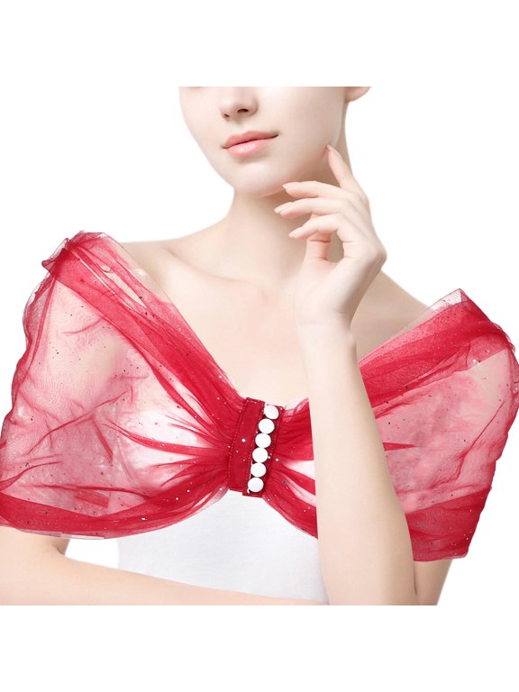 Elegant Red Chiffon Shawl Wrap with Sparkling Star Glitter Tulle, Perfect Wedding Dress Accessory