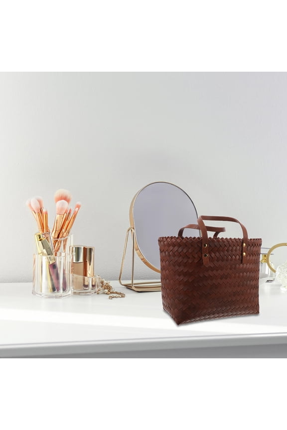 Brown Color Block Woven Tote Bag with Handles, Ideal for Beach Days, Shopping, and Everyday Casual Use