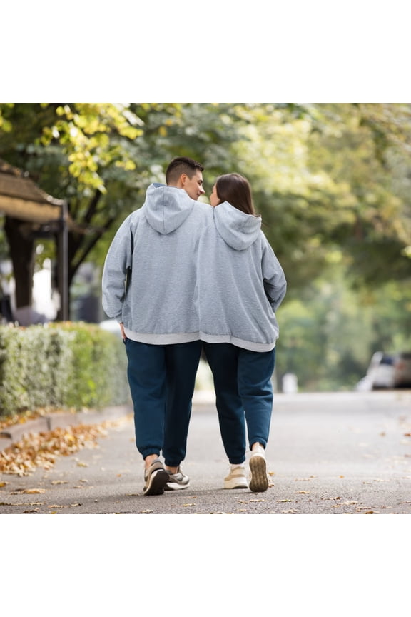 Funny Grey Two Person Hoodie for Couples Oversize Pullover with Conjoined Design and Soft Polyester