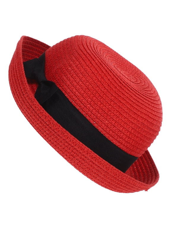 Girls' Red Wide Brim Roll- Hat with Sweet Bowknot, Woven Outdoor Travel Cap for Sun , 1 Piece