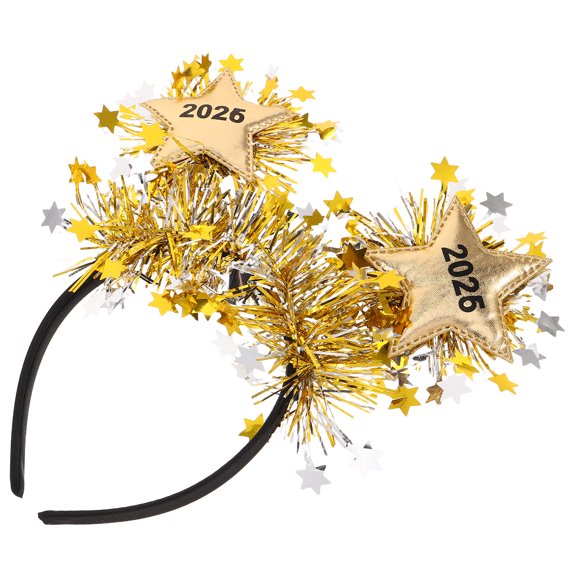 LOLIPPYY Golden 2026 New Year Headband Festive Party Headwear with Tinsel Star for Nye Celebrations