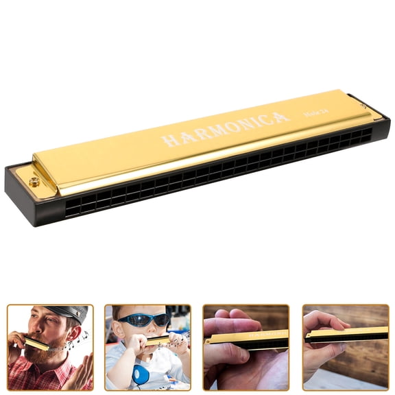 LOLIPPYY Golden Metal Harmonica 24 Holes Portable Musical Instrument for Beginner and Adult Players