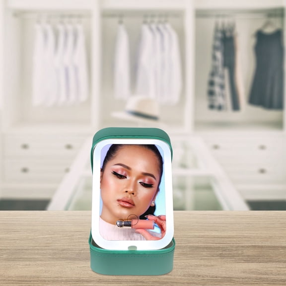 LOLIPPYY Portable Green Makeup Organizer with LED Light, Foldable Mirror, and Multiple Divided Compartments for Travel