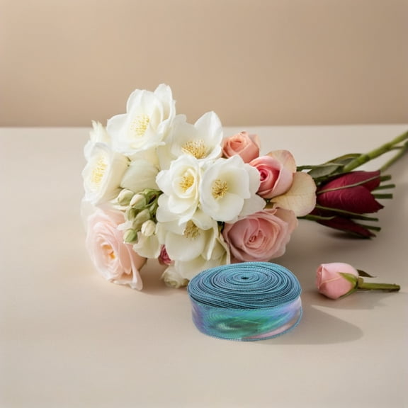 LOLIPPYY Green Sheer Tulle Ribbon Roll with Iridescent Chiffon for Floral Bouquet Wrapping and Craft Projects