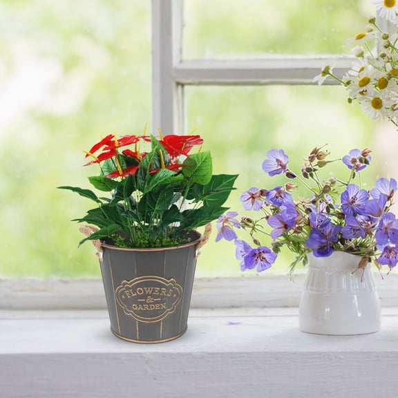 LOLIPPYY Rustic Grey Metal Flower Bucket with Handle, Vintage Decorative Vase for Home, Garden, and Outdoor Floral Arrangements