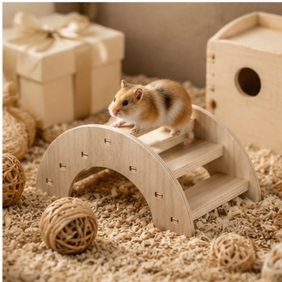 LOLIPPYY Wooden Hamster Bridge, Small Animal Cage Platform, Beige Climbing Accessory and Cage Decoration for Gerbils, 1 Set