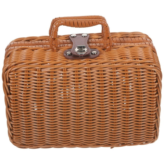 LOLIPPYY Handwoven Imitation Rattan Storage Box Light Brown with Lock Retro Style Organizer
