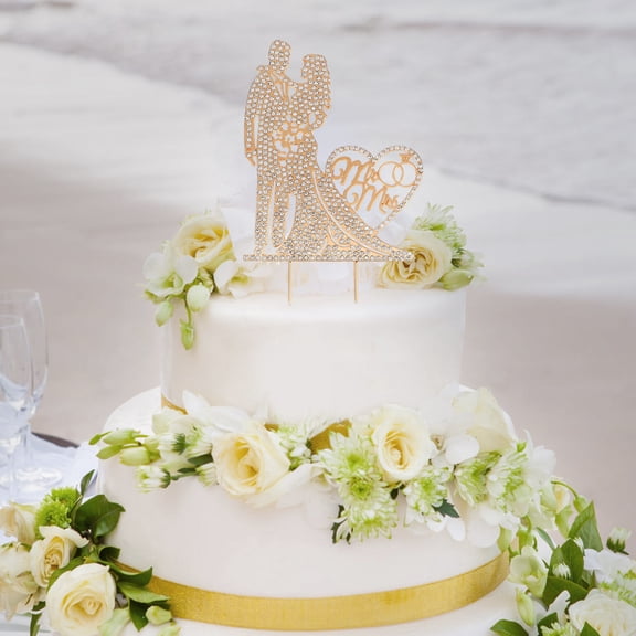 LOLIPPYY Wedding Cake Topper Metal Golden Rhinestone Elegant Design for Anniversary Decor