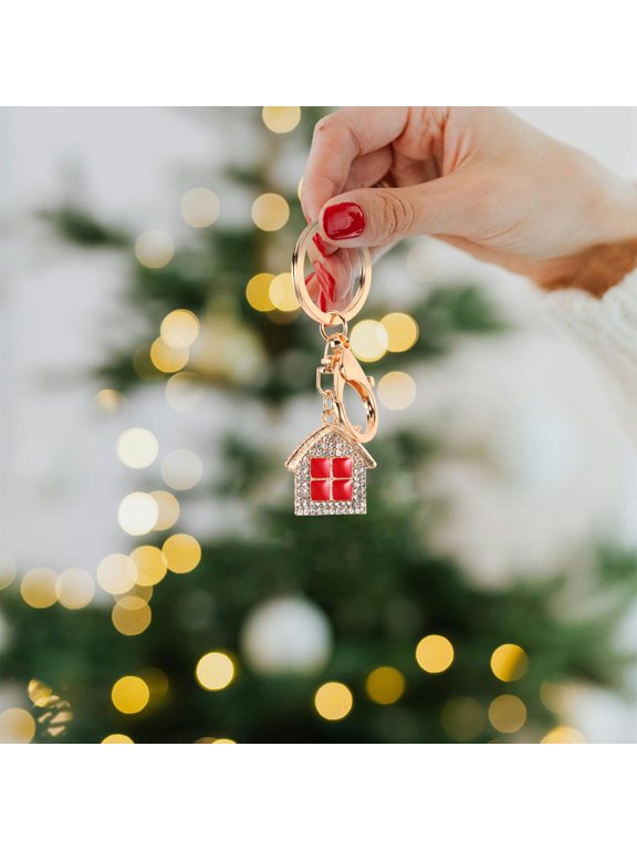 Metal House Keychain with Red Rhinestones for Purse Charm