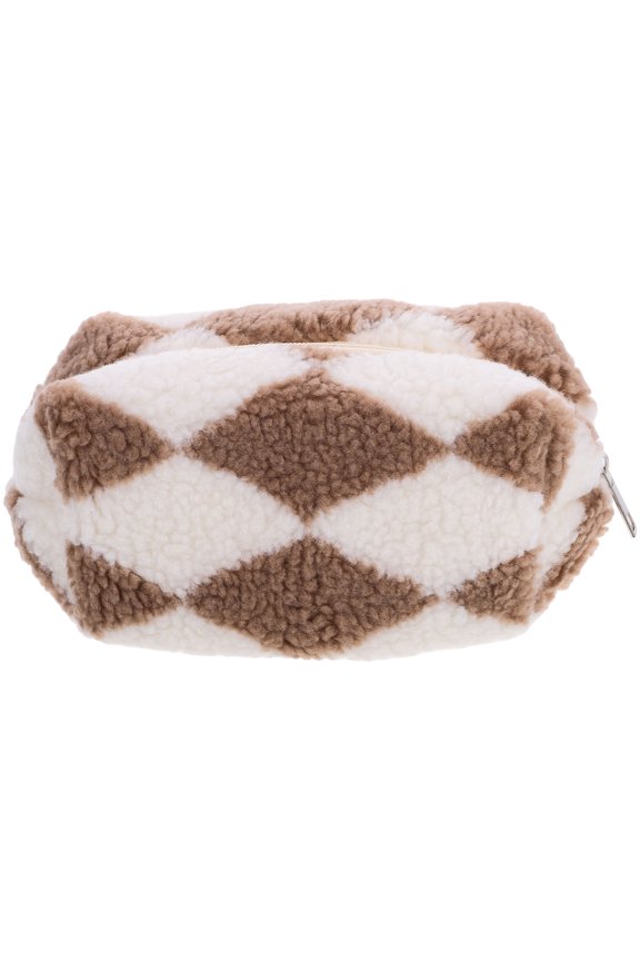 Khaki Checkered Makeup Bag Plush Cosmetic Pouch Zipper Organizer for Travel and Storage