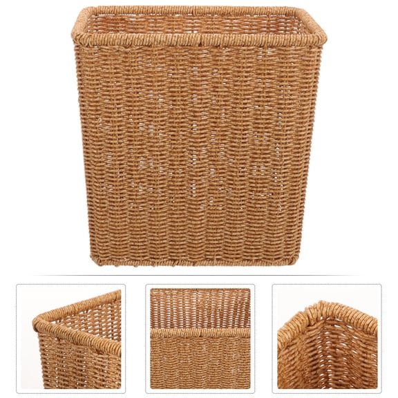 LOLIPPYY Khaki Woven Trash Basket Home Storage Organizer Multi Function Waste Bin