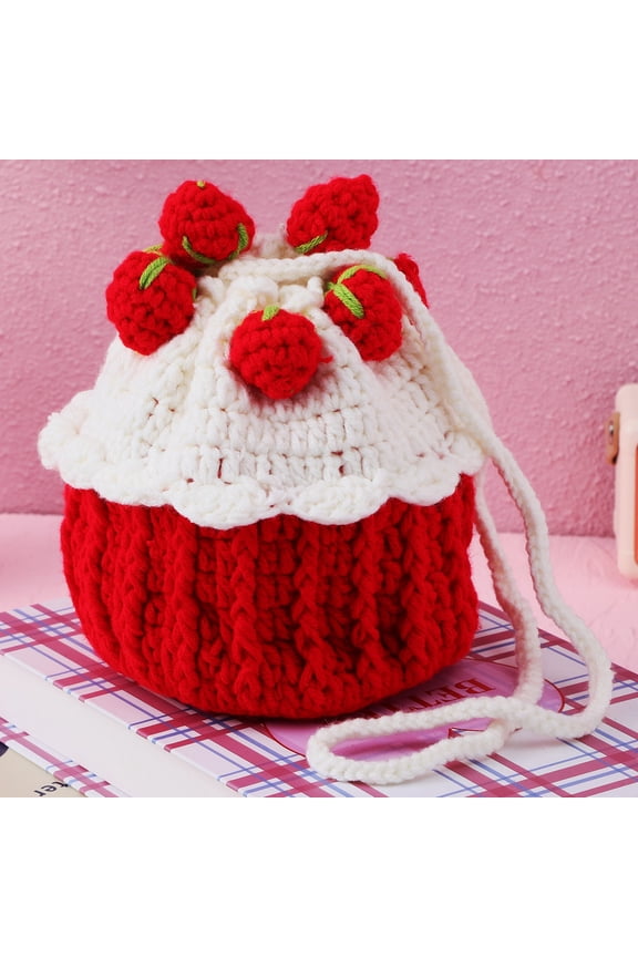 Knitted Strawberry Purse Crochet Crossbody Drawstring Bag Red Woven Bucket Bag