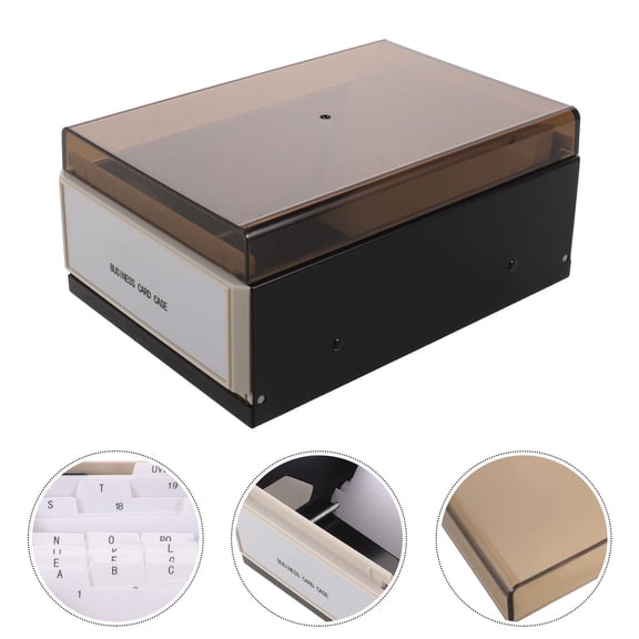 LOLIPPYY Large Capacity Business Card Organizer Box, Black Plastic Office Card Holder with Lid and Index Tabs for Desk Storage