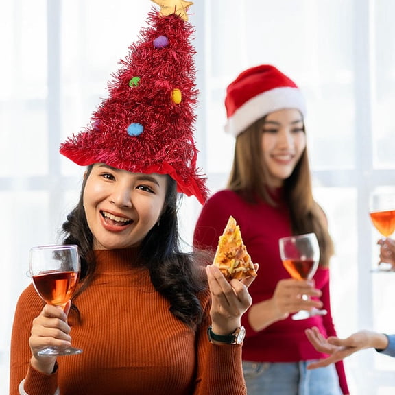 LOLIPPYY Large Christmas Tree Hat with Tinsel Ornaments Santa Hat for Holiday Party Accessories