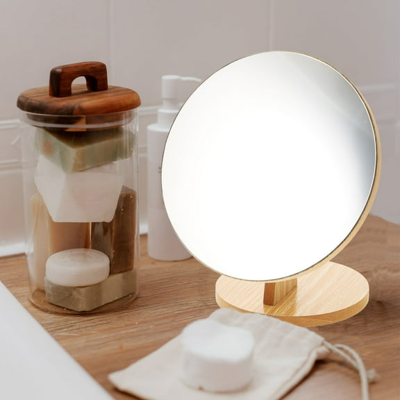 LOLIPPYY Large Round Vanity Mirror for Bathroom with Wooden Stand and Rotating Design