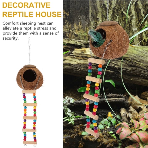 LOLIPPYY Light Brown Coconut Shell Reptile Nest Hanging Hideout with Ladder Comfortable Bed