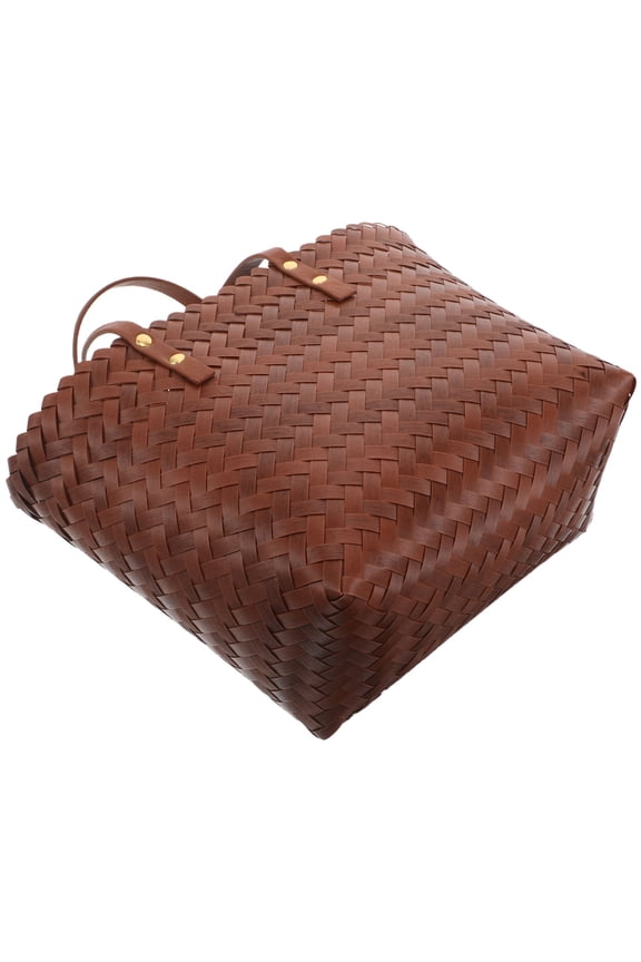 Light Brown Woven Plastic Handbag with Spacious Interior and Trendy Handle for Everyday Use