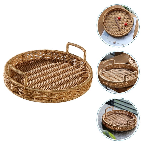 LOLIPPYY woven bread basket Light Brown Large Round Plastic Faux Rattan Handled Serving Tray