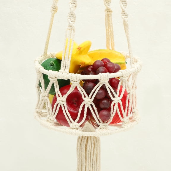 LOLIPPYY Macrame Hanging Fruit Basket Handwoven Cotton Rope Storage Basket for Kitchen Beige 12.5 Inch