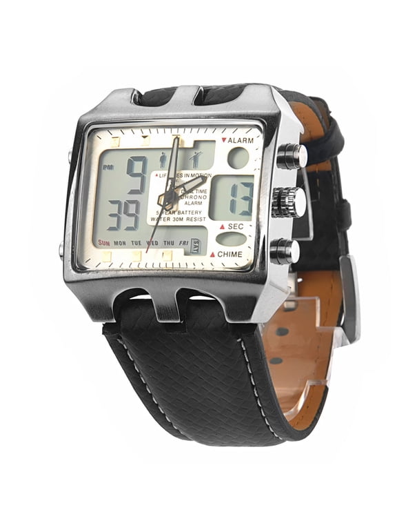 Mens Dual Time Watch White LED Analog and Quartz Movement with Stopwatch and Date