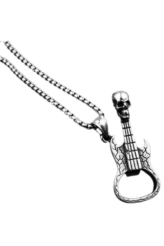 Men's Metal Neck Chain with Guitar Pendant and Heavy-Duty Bottle Opener Accessory