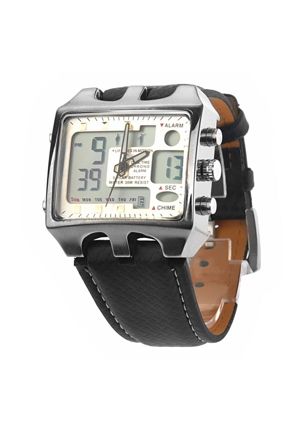 Mens Watch White Dual Time LED and Analog Display Waterproof Quartz Watch with Stopwatch