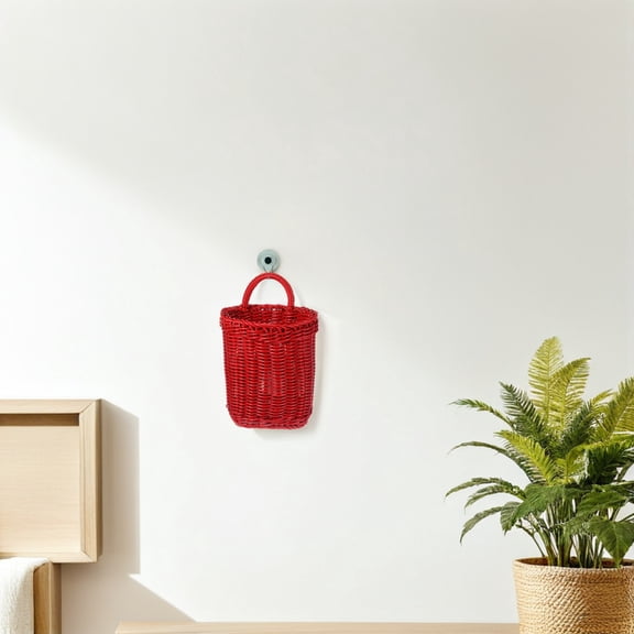 LOLIPPYY Dark Red Wicker Storage Basket with Handle, Multipurpose Hanging Organizer for Kitchen, Wall, Door, Home Storage