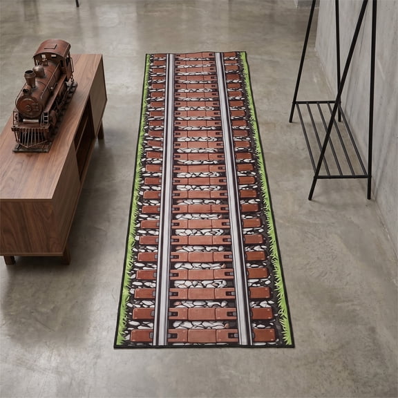 LOLIPPYY Light Brown Polyester Train Track Aisle Runner, 3D Visuals, Cushioned Antislip Design, Bedroom