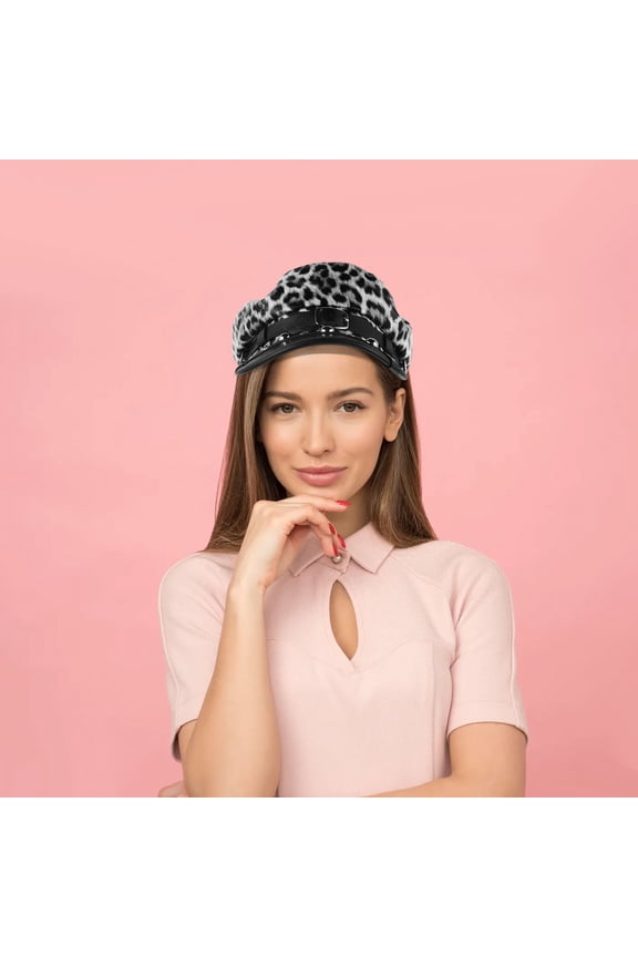 PU Leopard Print Newsboy Cap Stylish Flat Beret Hat for Daily Wear
