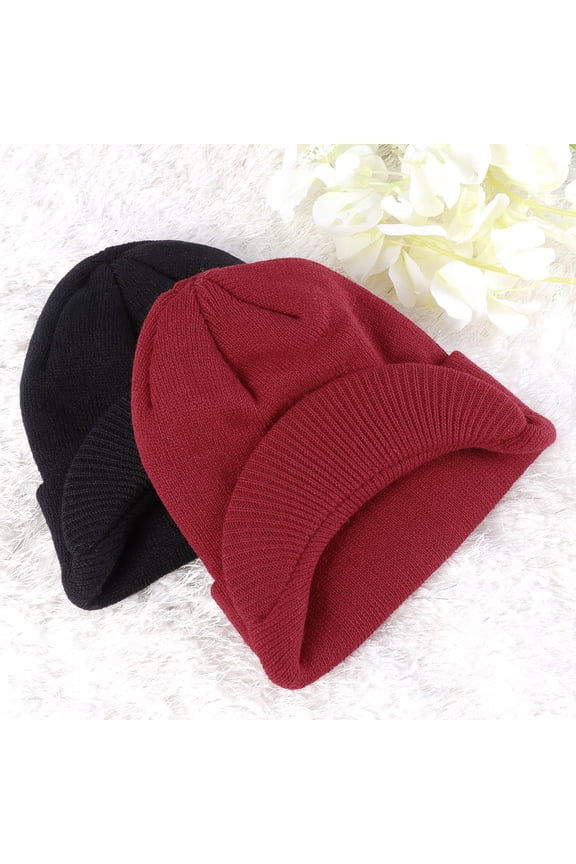 Peaked Cap Knitted Hat Unisex Warm Black Beanie Hat Cable Knit with Curved Visor for Winter