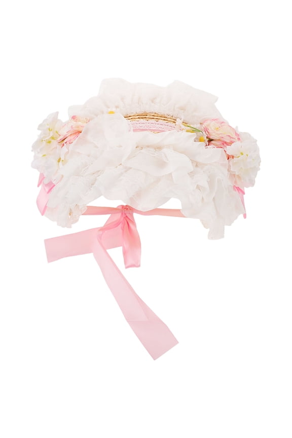 Pink Rattan Wide Brim Sun Protection Hat Victorian Lace Bonnet for Outdoor Events