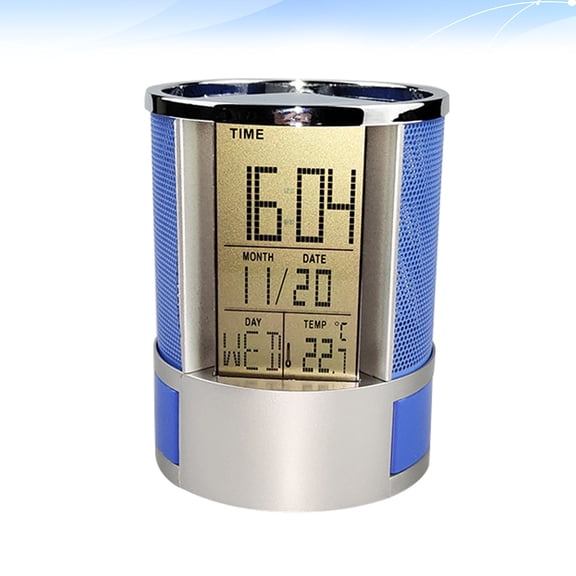LOLIPPYY Plastic and Metal Pen Holder with Clock and Date Display for Desk Organization